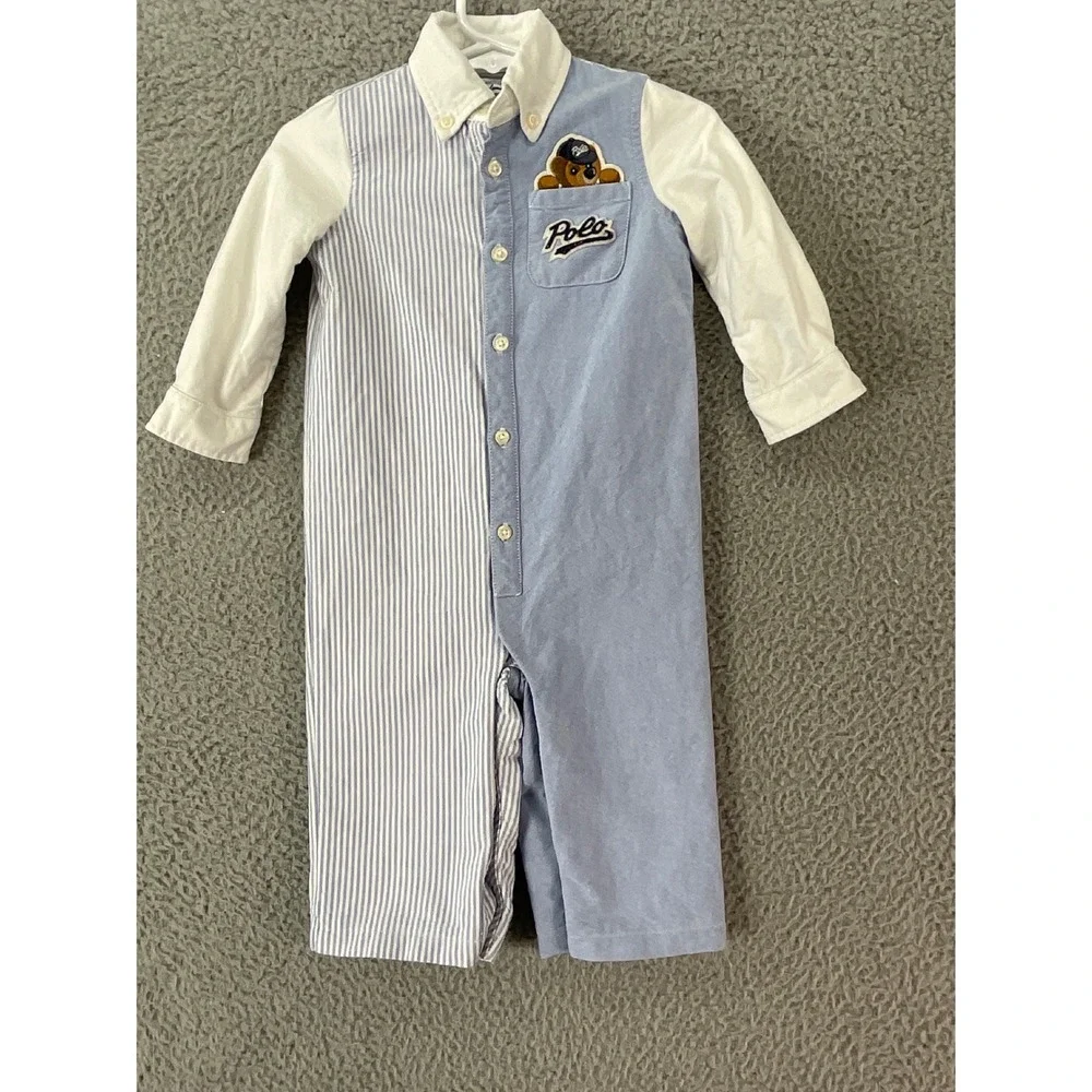 Ralph Lauren Polo Bear Coverall Kids 9M Blue Excellent Striped Lined Colorblock